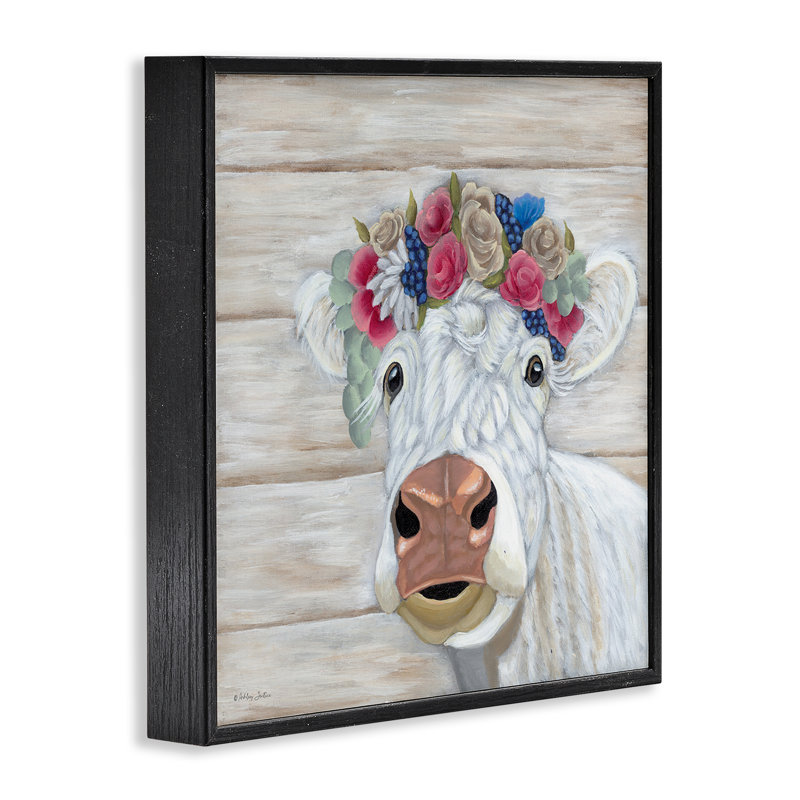 «Rustic Cow Flower Crown», estampe numérique par Ashley Justice, H 12 po x l 12 po, Giclée encadrée noir minuit