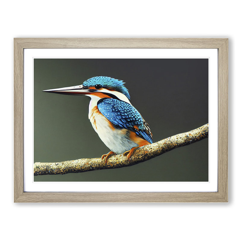 Captivating Kingfisher Bird - Single Picture Frame Print, 34cm H x 46cm W x 2cm D, Oak