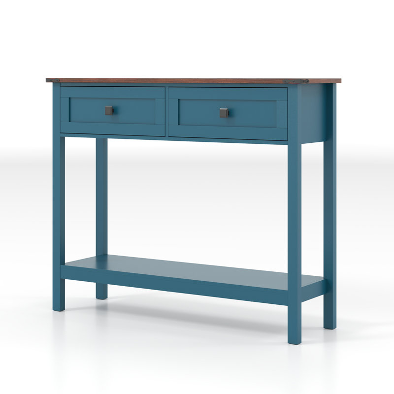 Farmhouse Style Console Table With 2 Drawer And Bottom Storage Shelf For Entryway, Pagoda Blue