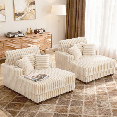 Upholstered Faux Fur Chaise Lounge Sofa Bed Couch With Cup Holder And Throw Pillows