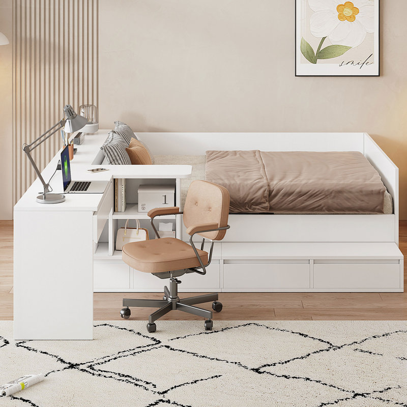 Lit plateforme en bois avec coiffeuse, Blanc