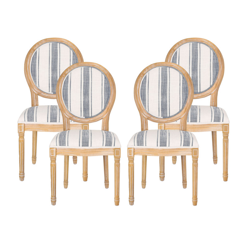 Upholstered Dining Side Chairs, Natural, Dark Blue Striped