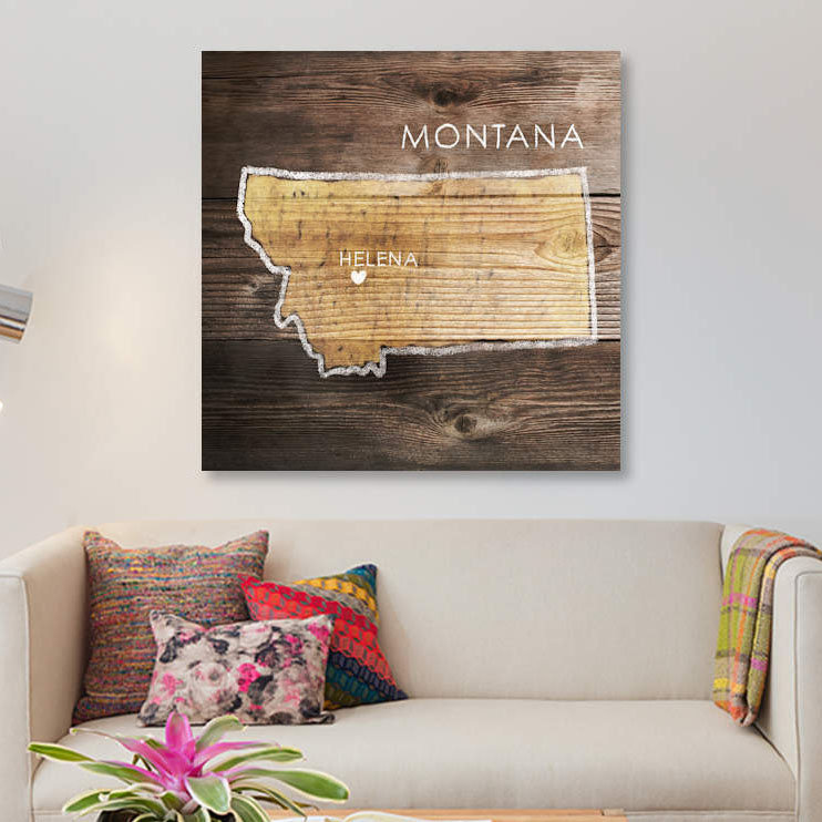 «Montana Rustic Map» par PI Galerie - Reproduction d'art graphique sur toile, H 12 po x l 12 po x P 1,5 po, Toile tendue