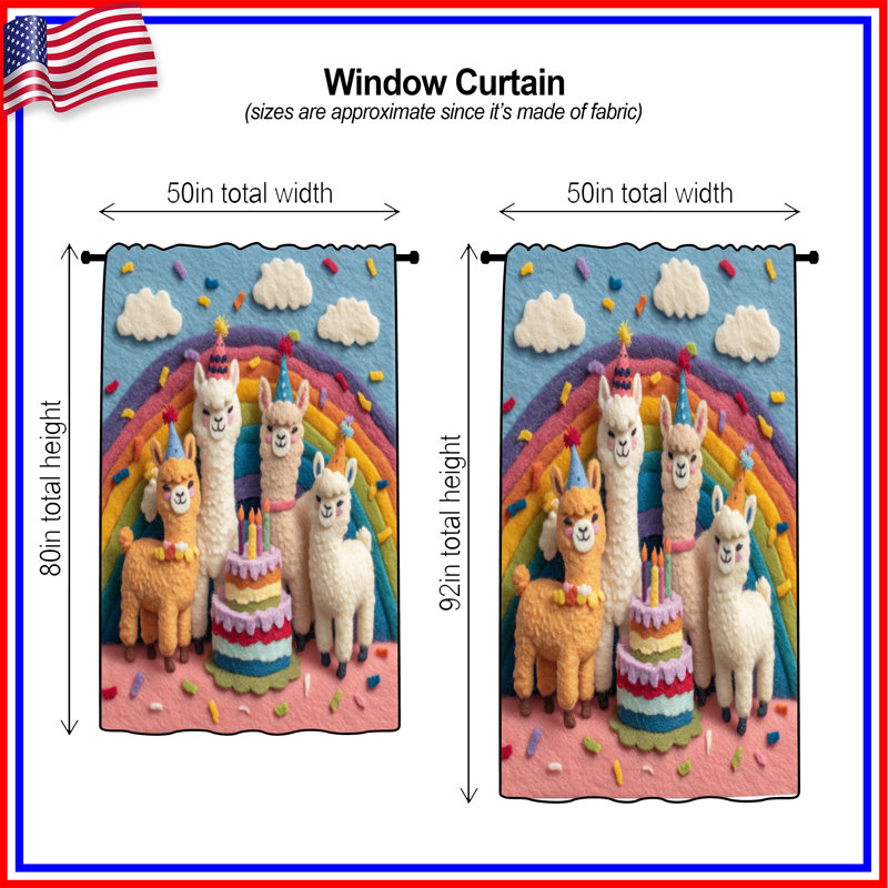 Felt Llamas Birthday Cake Window Curtains, Birthday Sheer & Blockout Curtains - 1 Panel, 50 po x 80 po - 1 panneau, Blocage
