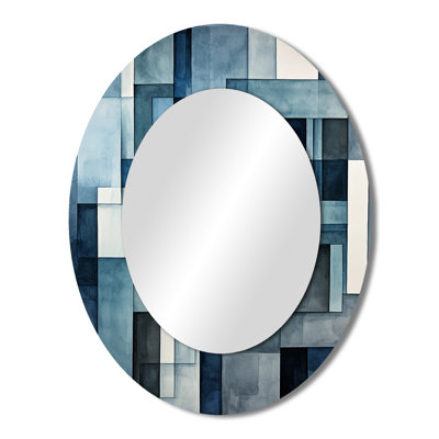 Indigo Illusion Abstract Shapes II - Gray Modern Oval Wall Mirror