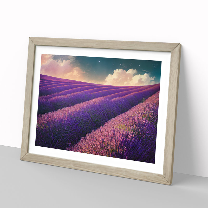 Contemporary Lavender Flower Field - Framed Print, 46cm H x 64cm W x 2cm D, Oak