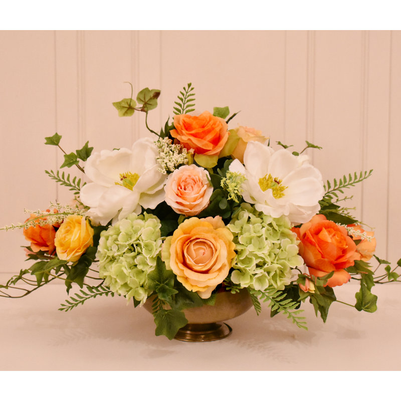 White and Peach Silk Floral Arrangement in Brass Bowl