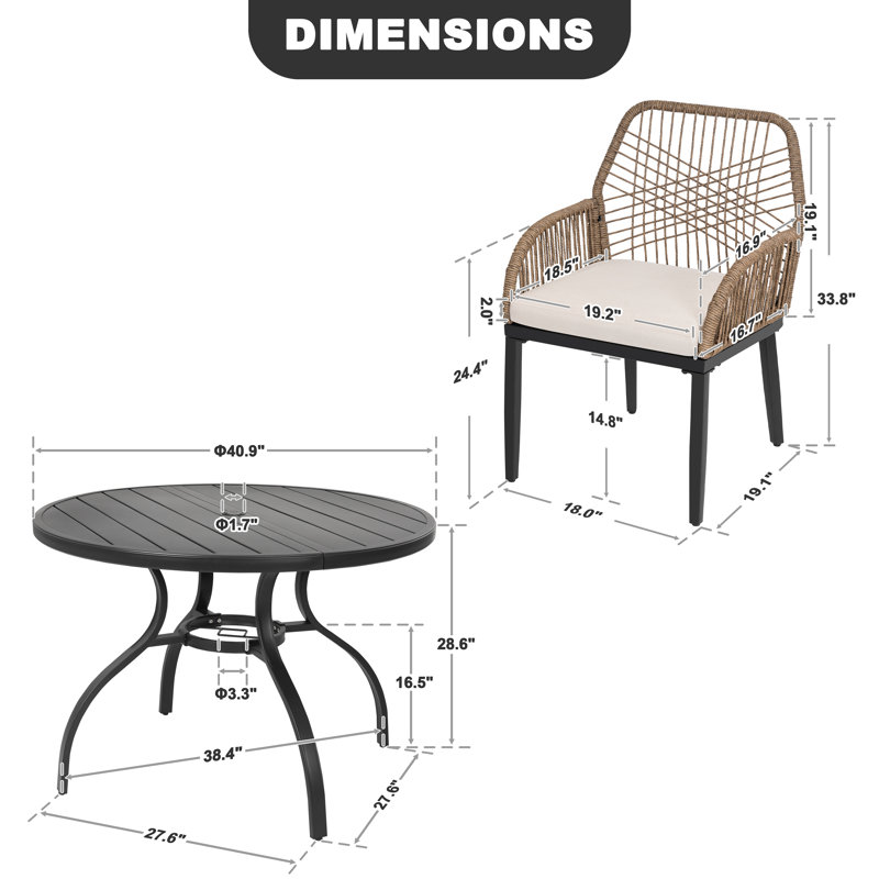 5pcs Rattan Metal Patio Dining Set With Umbrella Hole, Zippered Cushions, 28.6" H x 40.9" W40.9" D, Round, 4