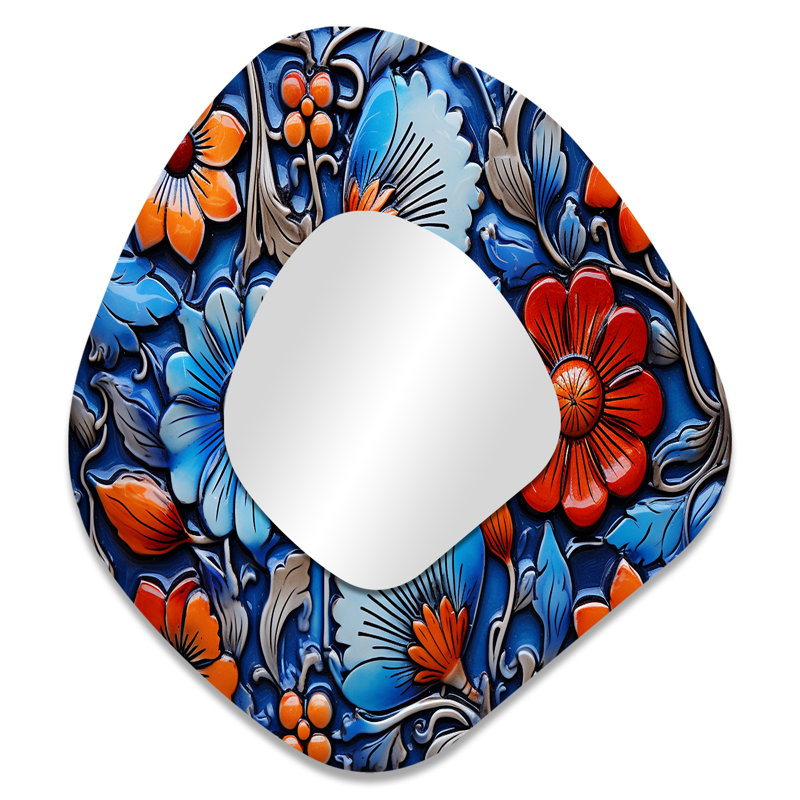 Tollette floral boho bleu et orange Tile Mosaic 5 - miroir mural décoratif de forme irrégulière mosaïque bohème