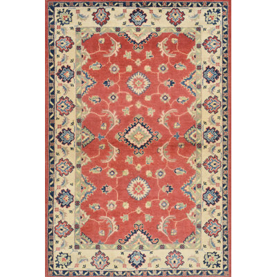 Tapis rouge en laine noué à la main de conception unique 3 pi 4 po x 4 pi 11 po