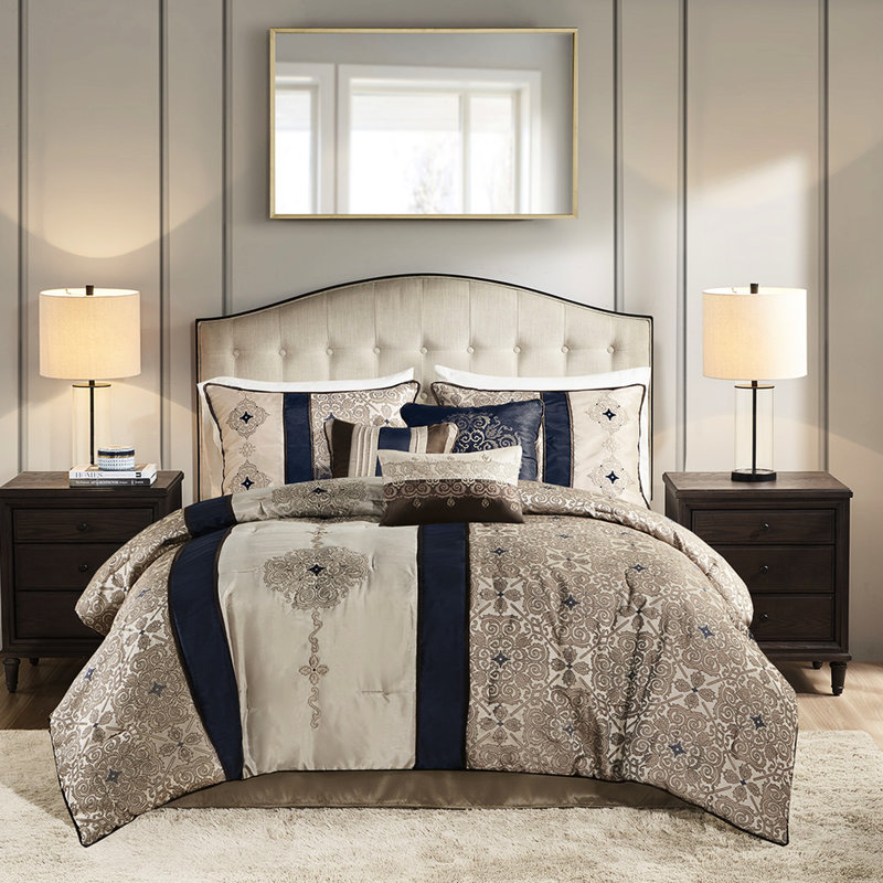 Édredon bleu marine avec 1 coussin - Design chic 100% 7 pièces et coussins