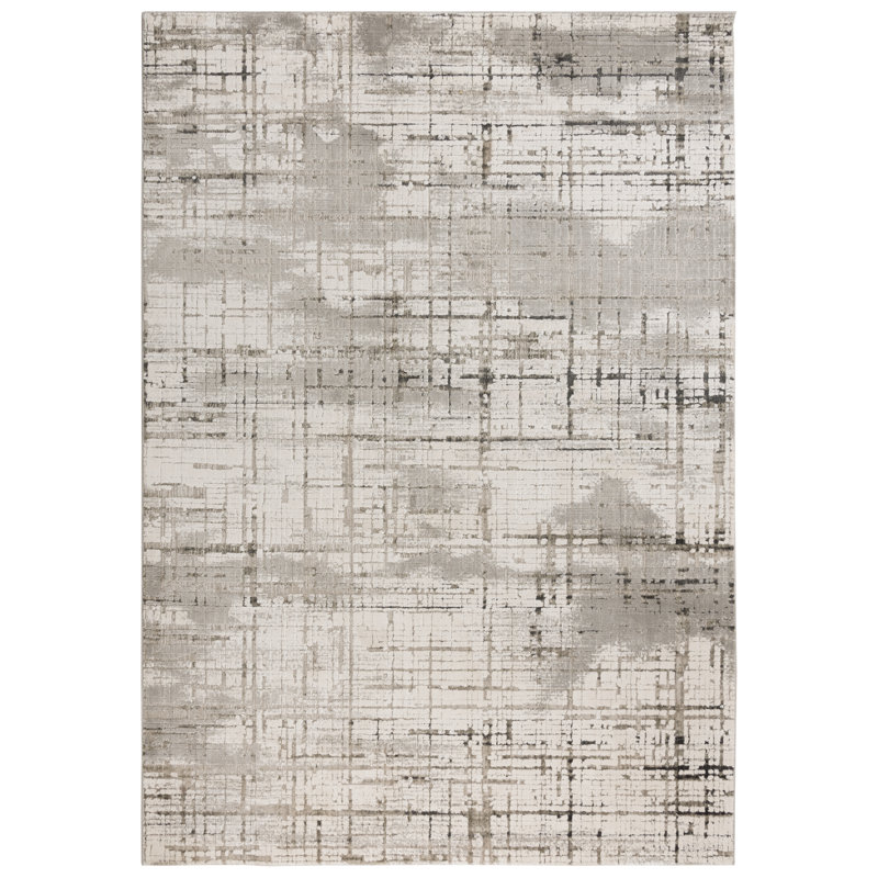 Tapis rectangulaire rectangulaire en polyester tissé à la machine ivoire / gris, Rectangle 8 pi 10 po x 11 pi 10 po