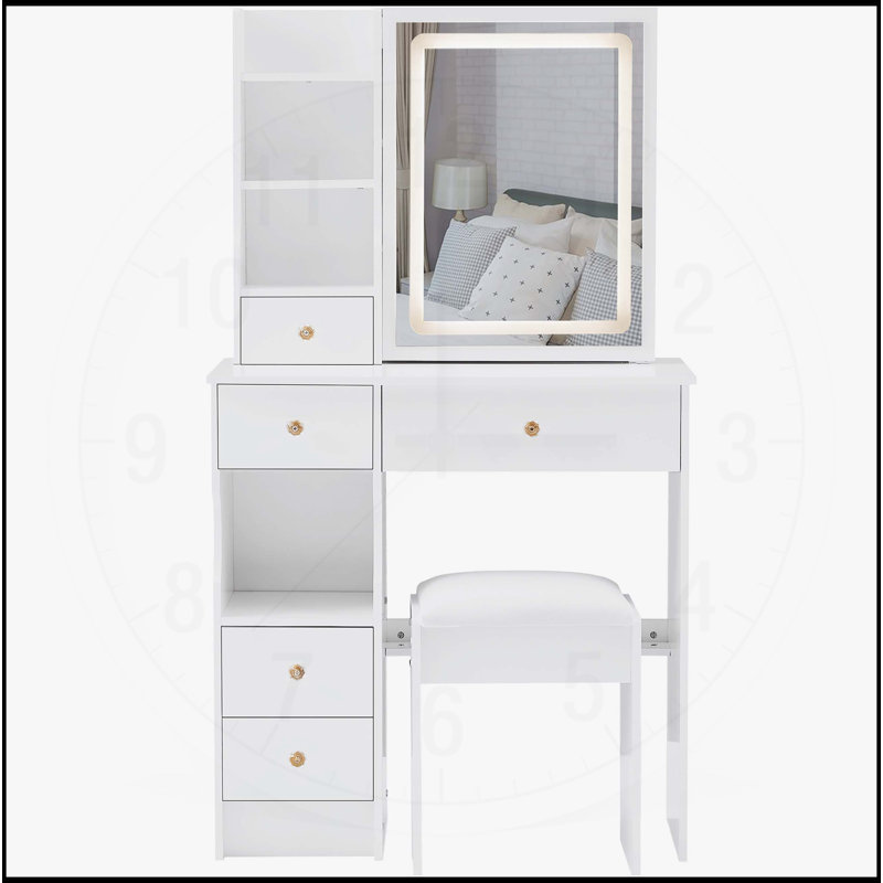 Table de coiffeuse compacte avec miroir à DEL de pointe et grand espace de rangement, Blanc