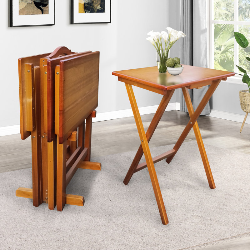 Plateaux en bois massif et support de rangement, finition miel, idéal pour le salon de 4 tables avec rangement, bois, pratique