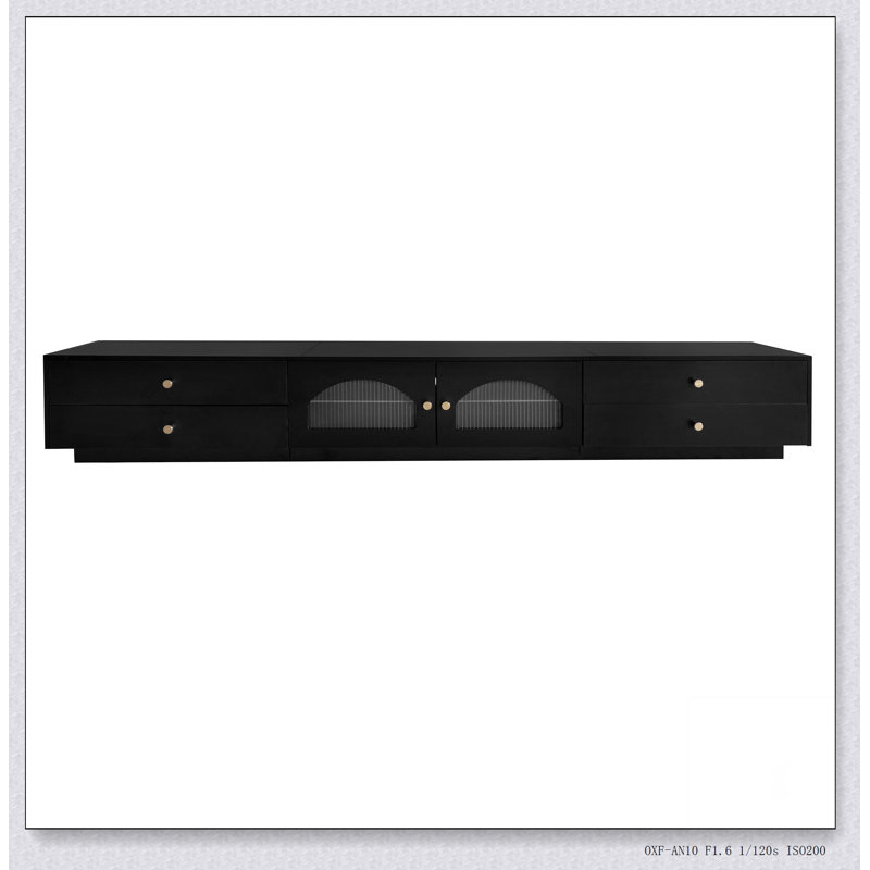 Meuble télé luxueux avec portes en verre cannelé, console multimédia élégante et fonctionnelle, Noir