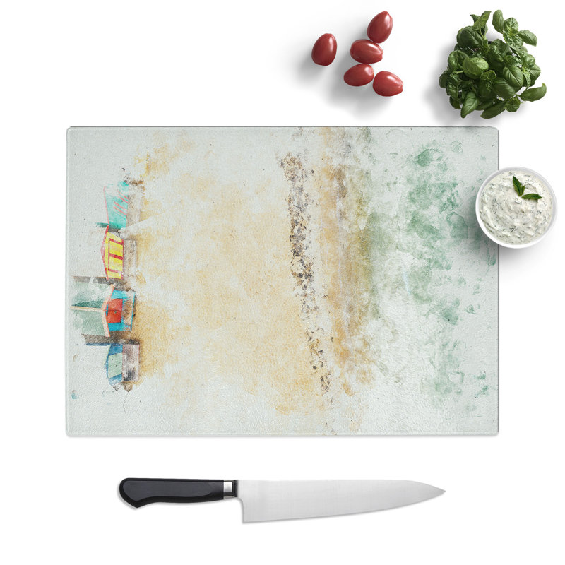 Tempered Glass Beach Huts on Brighton Beach Watercolour Chopping Board, 20 cm x 28.5 cm