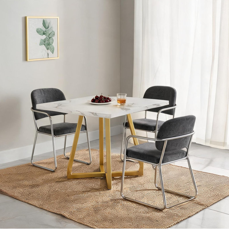 Table de salle à manger carrée avec plateau en panneau de fibres à densité moyenne blanc et base en acier doré, pour 4 à 6 personnes, pour la cuisine ou le bureau