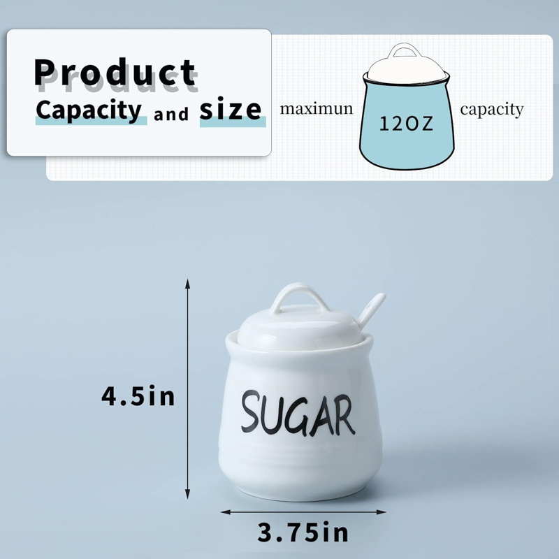 Bol à sucre en porcelaine avec couvercle et cuillère 12 oz