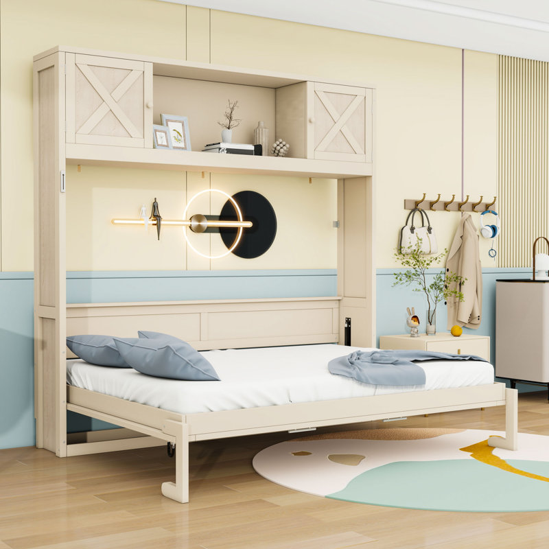 Lit escamotable en bois avec armoires, Beige