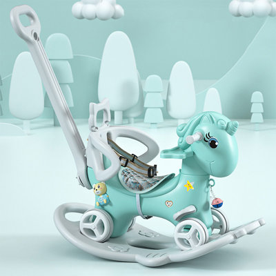 Cheval à bascule 4-en-1 licorne pour tout-petit, fauteuil roulant convertible avec poignée, dossier et bouton de son, jouet de vélo d'équilibre pour enfants pour les garçons de 1 à 3 ans - bleu