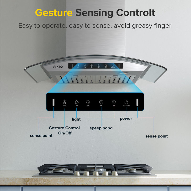 VIKIO 30" 600 CFM Ducted Wall Mount Range Hood in Stainless Steel with LED Lights, Baffle Filter and Gesture control