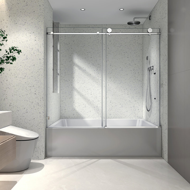 Grande porte de douche fixe et décalée en nickel brossé sans cadre avec brosses de 70 mm en acier inoxydable 304 avec fonction de fermeture en douceur réglable