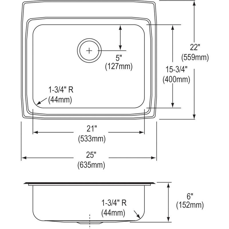 Évier de cuisine à montage sur plan L 25 po x l 22 po Lustertone, 6", 1 trou