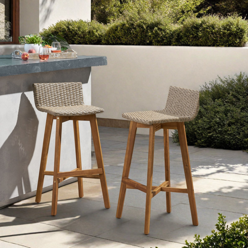 Oxendine Outdoor 30.75'' Bar Stool, Teak Frame / Light Brown Cushion