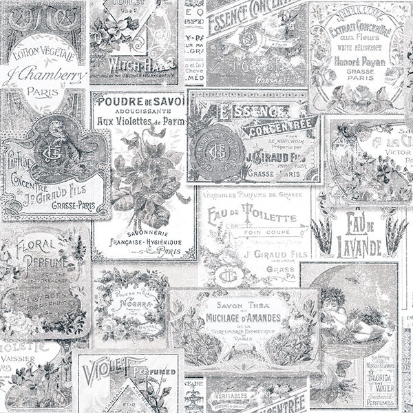 Nostalgie Perfume Labels Wallpaper Roll, Black