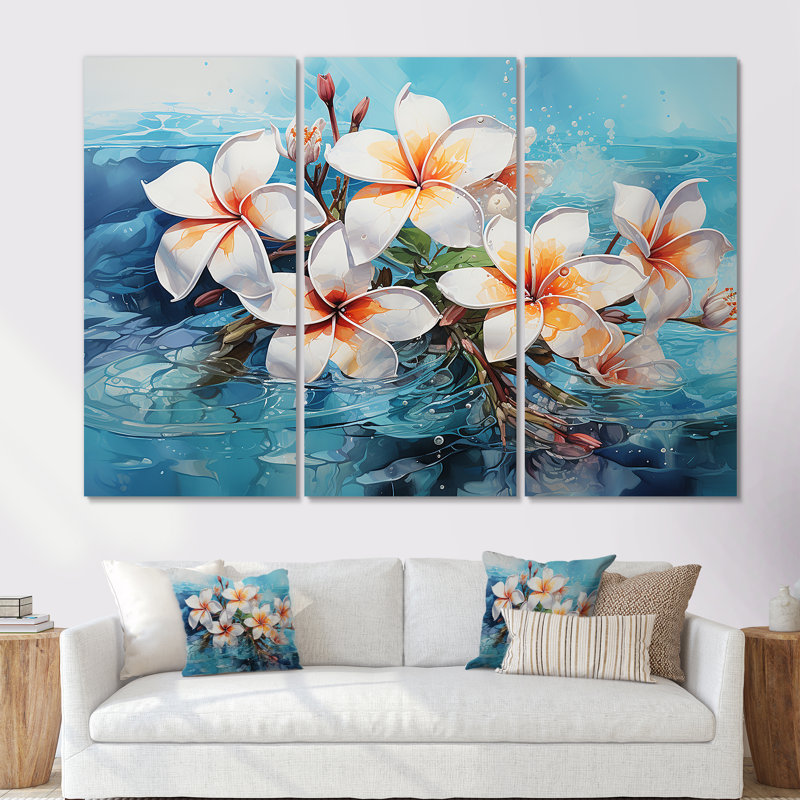 Plumeria Blossoms Come Alive In Water - ensemble d'art mural en toile Plumeria, Toile tendue, H 28 po x l 36 po x P 1 po