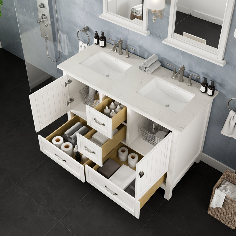Meuble-lavabo double en porcelaine encastrable l 48 po x P 22 po Glebs, Blanc, Quartz - blanc de Carrare