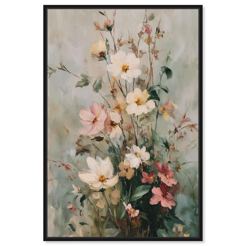 Art floral rétro sur toile , Cadre flottant noir, H 16 po x l 11 po