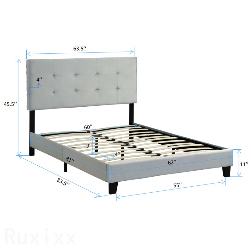 Base de lit tapissier grand format avec tête de lit capitonnée, support de lattes en bois massif, sommier à ressorts, aucun sommier requis, assemblage facile, gris