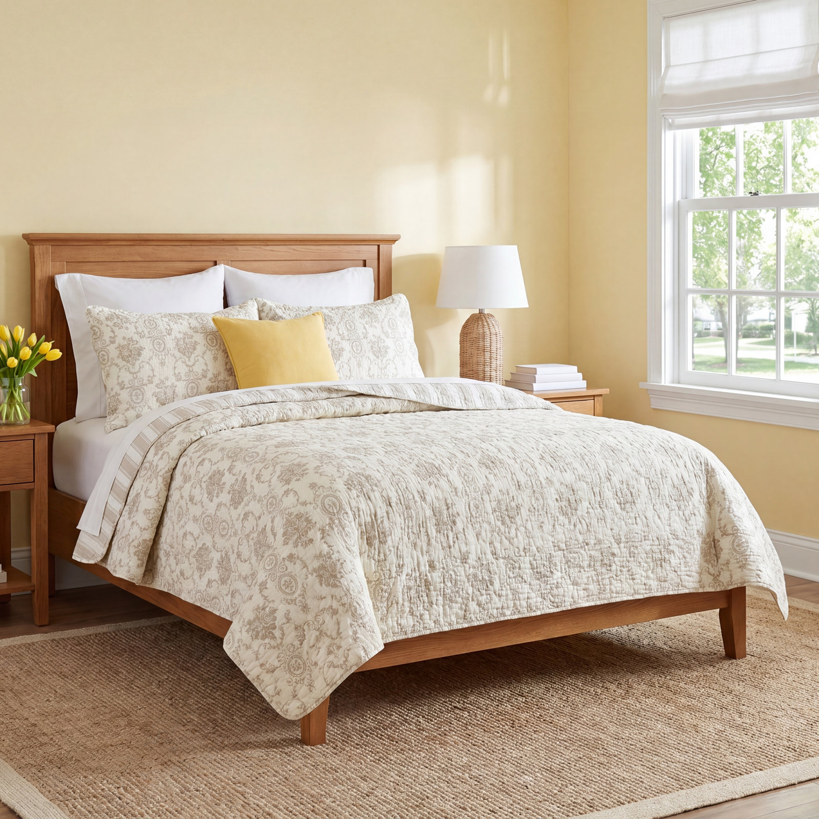 French Medallion Cotton Quilt Set, Ivory/Cream, King Quilt + 2 King Shams