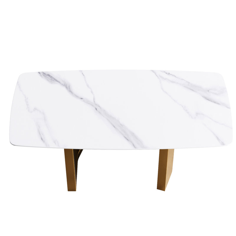 Table de salle à manger en pierre artificielle blanche de 69,19 po avec pieds en métal doré - sièges de 6 à 8 po, résistante à la chaleur, non radioactive, de conception simple rectangulaire en pierre blanche, pouvant accueillir des températures élevées