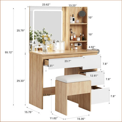 Vanity Desk With Led Mirror, Makeup Vanity Desk With 4 Drawers, Power Outlets, Storage Stool, Storage Shelves & Hair Dryer Holder , Adjustable 3 Lighting Modes, Makeup Vanity Set For Bedroom