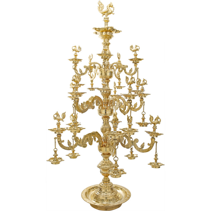 55" Tall Resplendent Annam Lamp – Hand-Etched Brass Diya with Branching Vines, Temple-Style Multiwick, Statement Decor