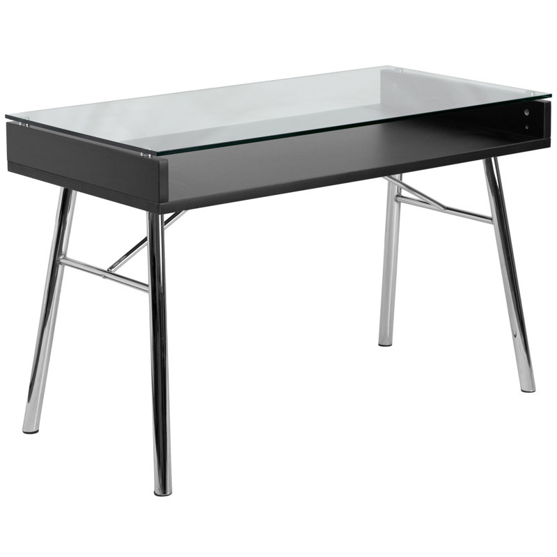 Bureau en verre trempé Jerome avec rangement ouvert et cadre chromé