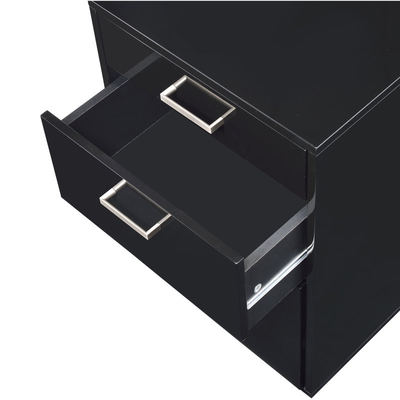 Classeur noir lustré avec 3 compartiments de tiroir - H 18 po x 22 po 28 po, sans assemblage, 62 lb, roulettes pour faciliter la manipulation des tiroirs, commodité incluse