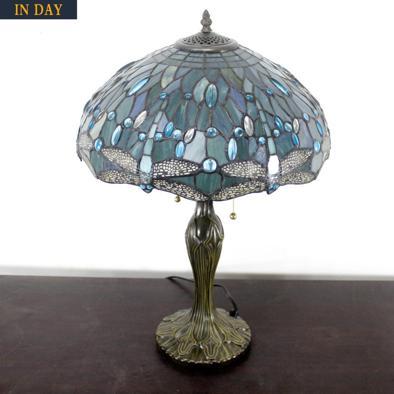 Sea Blue Stained Glass Dragonfly Table Lamp with Antique Bronze Base
