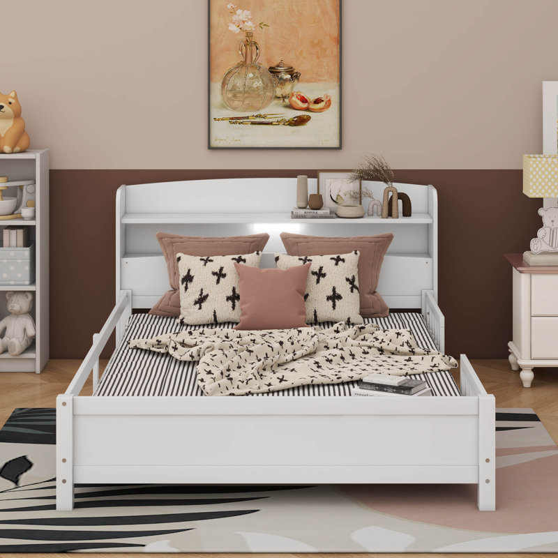 Wood Platform Bed With Storage Headboard,Built-In LED Light And Guardrail, Twin, White