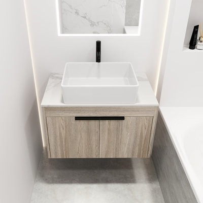 Meuble-lavabo mural de 30 po en chêne blanc avec lavabo en céramique, porte à fermeture en douceur, finition de rangement abondante à fermeture douce