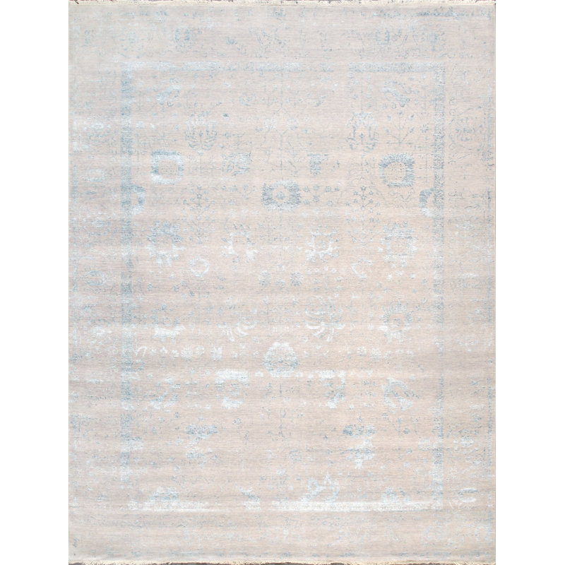 Transitional Abstract Hand-Knotted Rectangle 8'11" x 11'8" Wool/Silk/Rayon From Bamboo Area Rug in Silver/Aqua