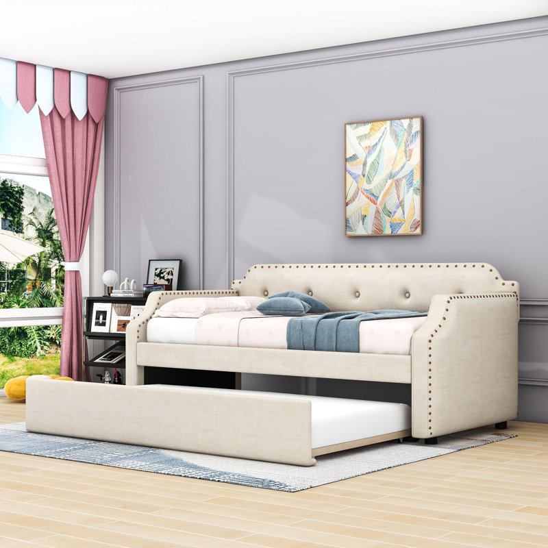 Twin Upholstered Daybed with Trundle and Slats