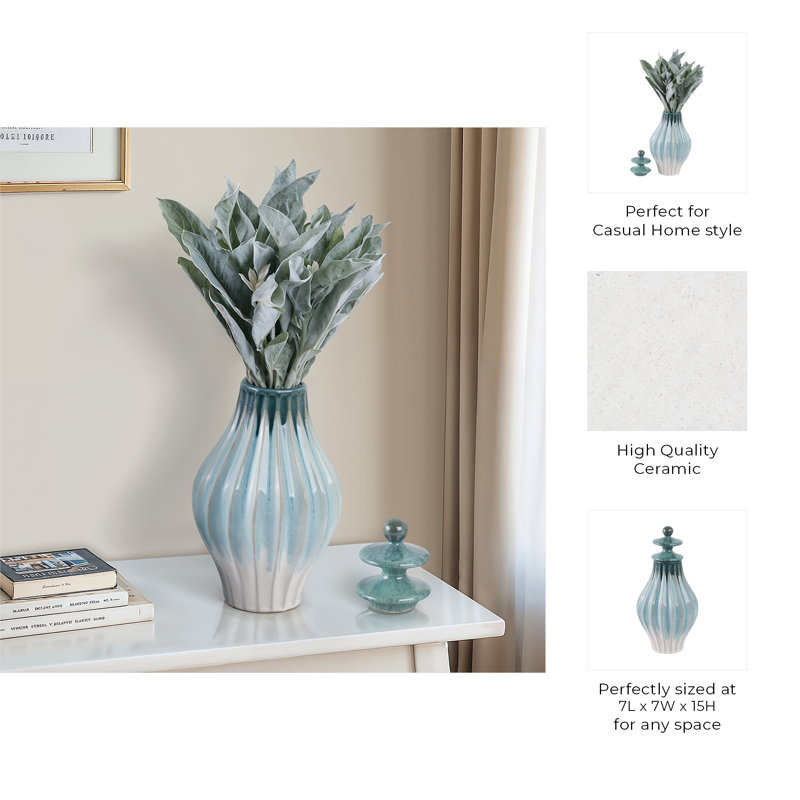 Stoneware Ceramic Decorative Jar with Lid Textured Modern Accent Piece for Home Decor., Green, Overall Height - 15"