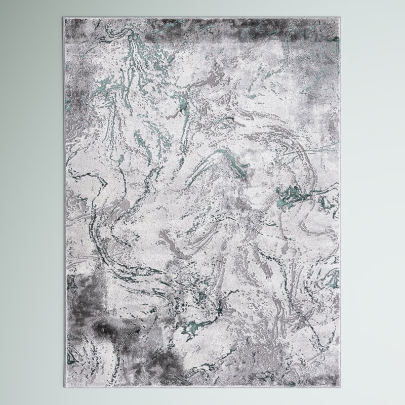 Preusser Abstract Grey/Green/Ivory Area Rug, Rectangle 6'7" x 9'