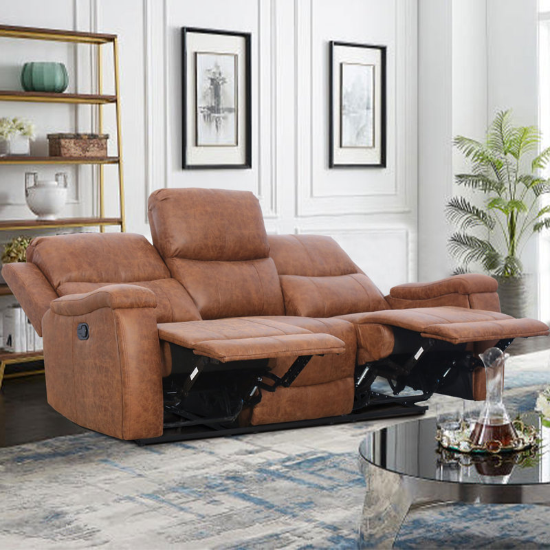 Maroske 79'' Faux Leather Square Arms Reclining Sofa with Hidden Cupholder (Set of 2), Cognac