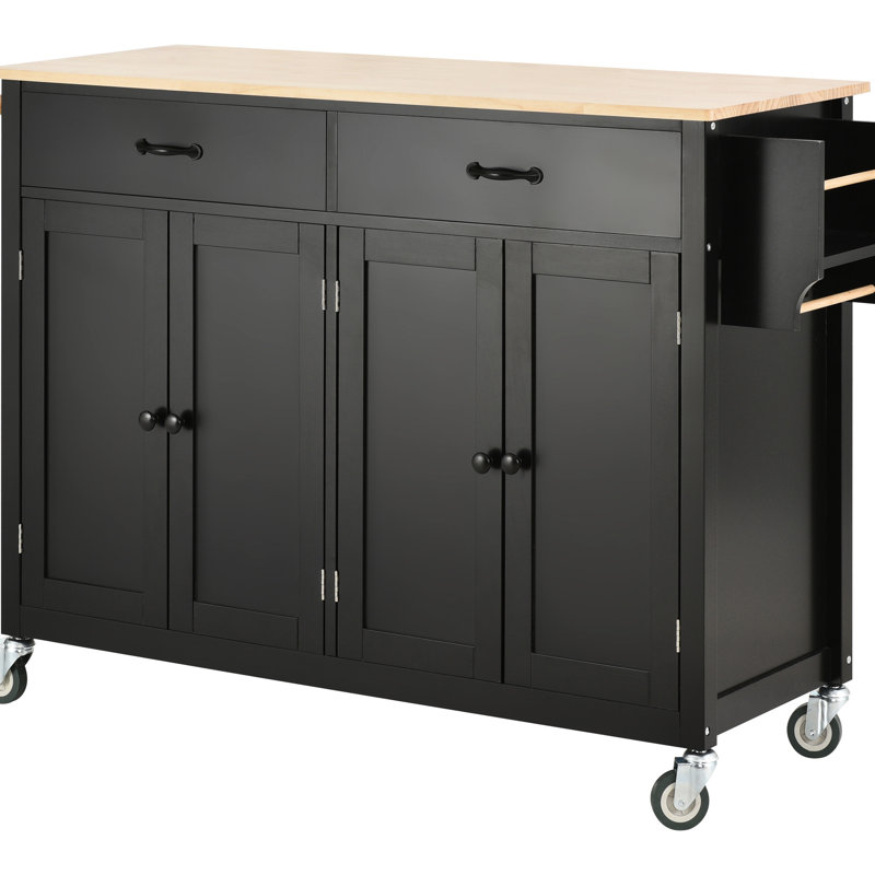 Chariot pour îlot de cuisine en bois massif avec verrou, armoire à 4 portes, 2 tiroirs, porte-serviettes et roulettes de mobilité réglables, plateau mobile noir