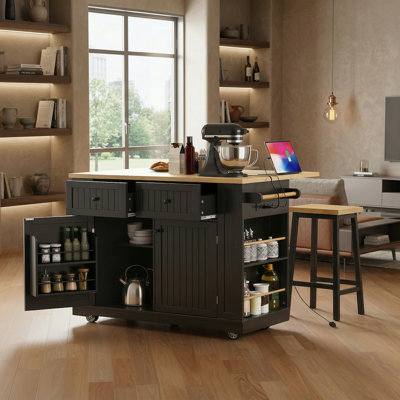 This Luxurious Black And Marble White Kitchen And Dining Set Features A Telescopic Dining Table Paired With A Multi-Functional Island, Complete With Drawers, Sockets, Casters, And Hooks—Practical Yet Exuding A High-End Feel.