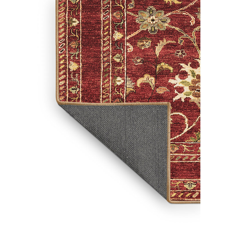 Tapis floral rouge en laine et polyester tissé à la machine Jaziya, Tapis de couloir 2 pi x 5 pi